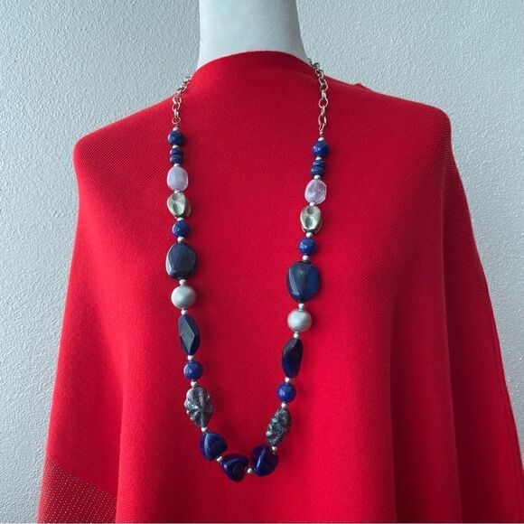 Blue Silver Chunky Necklace Long - Picture 1 of 8